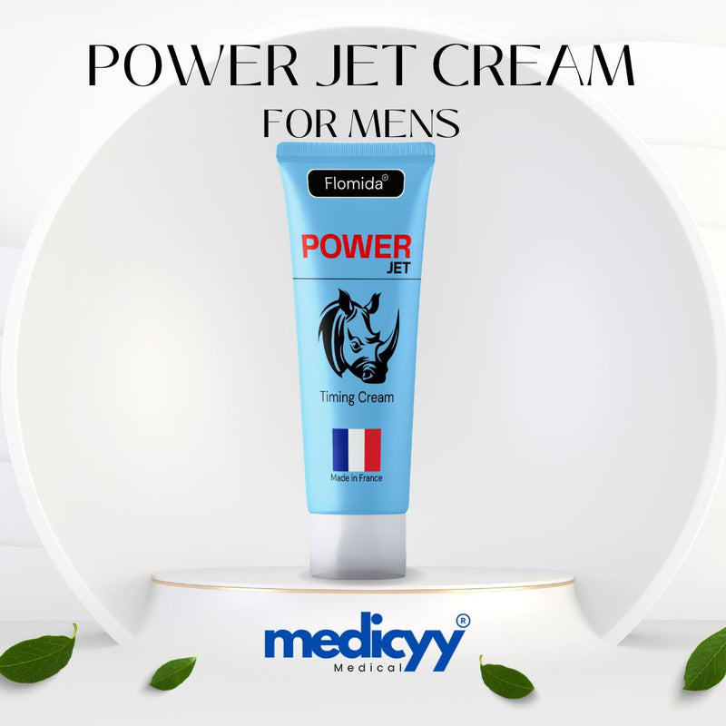 Power Jet Cream for men by Flomida on a white background with 'medicyy' branding.