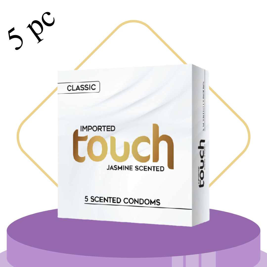 Box of Imported Touch Jasmine Scented condoms on a white background