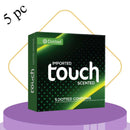 Box of Dotted Touch scented condoms on a purple platform with a white background